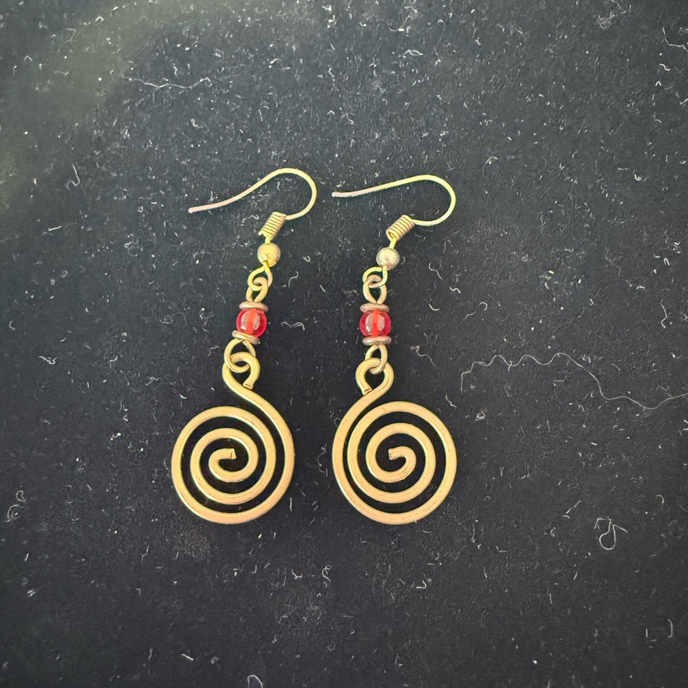 Spiral Gold Earrings with Red Accents